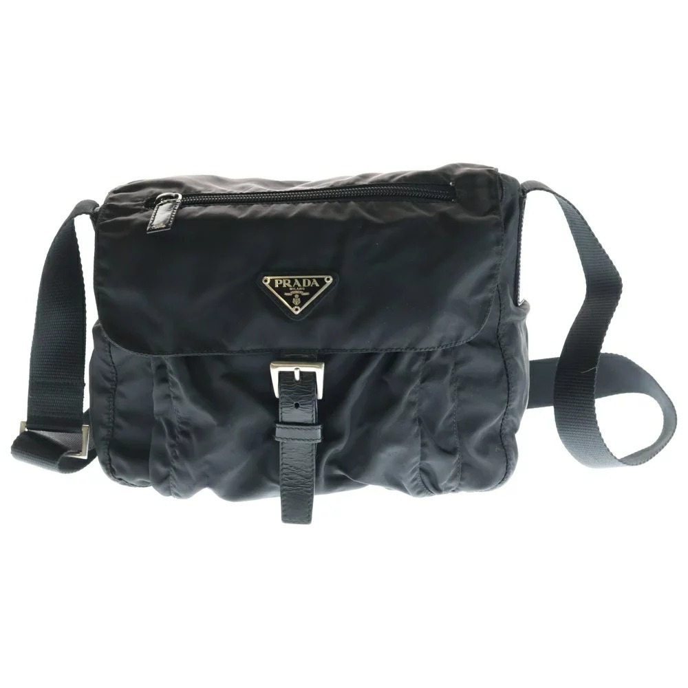 PRADA Triangle Logo Plate Shoulder Bag Black